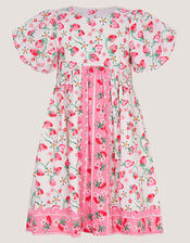 Puff Sleeve Strawberry Print Dress, Ivory (IVORY), large