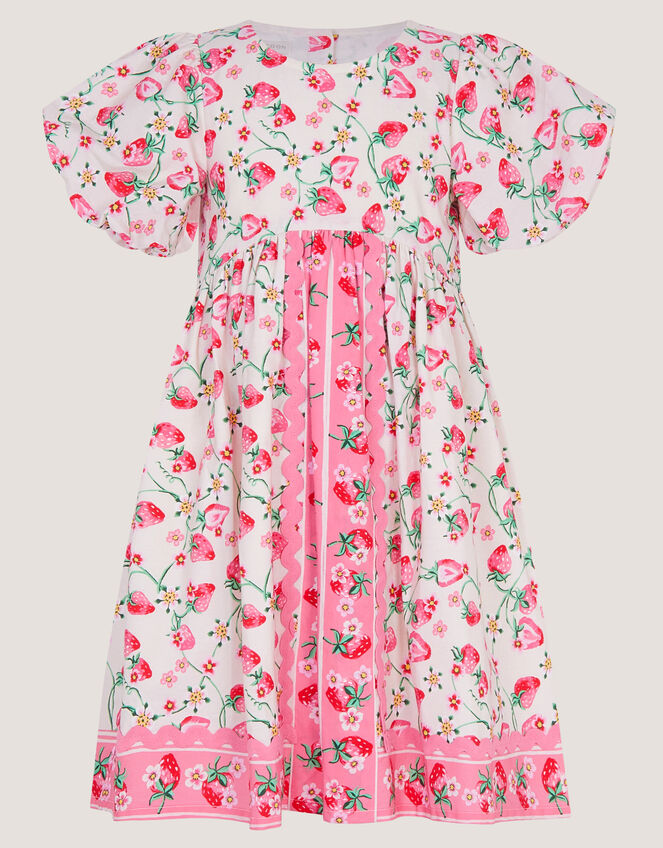 Puff Sleeve Strawberry Print Dress, Ivory (IVORY), large