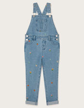 Floral Embroidered Denim Dungarees, Blue (BLUE), large