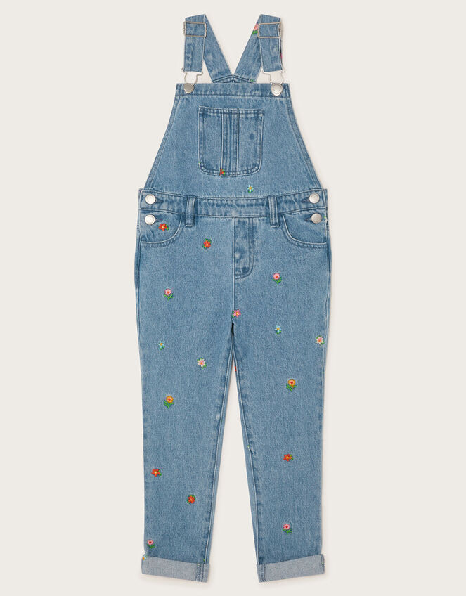 Floral Embroidered Denim Dungarees, Blue (BLUE), large
