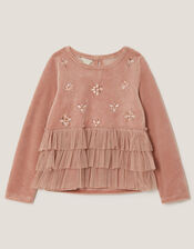 Embellished Tulle Tiered Velour Top, Pink (PINK), large