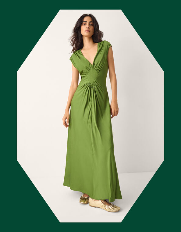 La Galeria Elefante Diamond Ruched Maxi Dress, Green (GREEN), large
