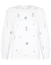 Nylah Gem Blouse in Pure Cotton, Ivory (IVORY), large