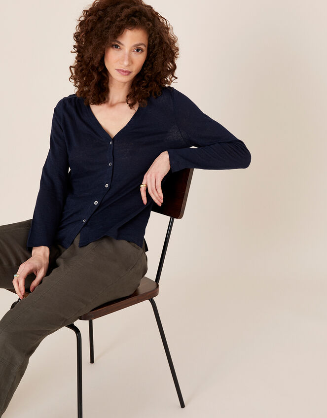 Button-Through Top in Pure Linen, Blue (NAVY), large