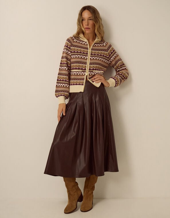 Ottie Pleated Faux Leather Midi Skirt, Brown (BROWN), large