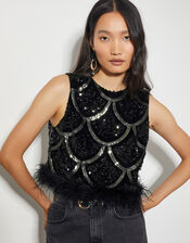 Sira Sleeveless Sequin Feather Top, Black (BLACK), large