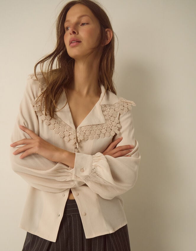 Ava V-Neck Lace Collar Blouse, Cream (CREAM), large