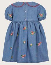 Baby Floral Embroidered Chambray Dress, Blue (BLUE), large