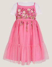 Floral Embroidered Tulle Dress and T-Shirt Set, Pink (PINK), large