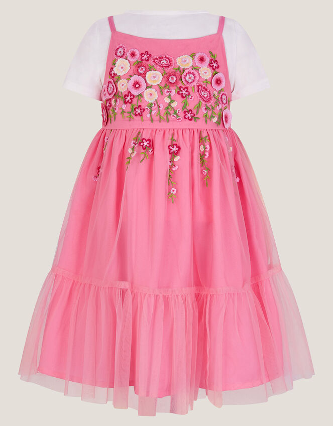 Floral Embroidered Tulle Dress and T-Shirt Set, Pink (PINK), large