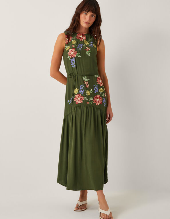 Odelle Floral Embroidered Midi Dress, Green (KHAKI), large