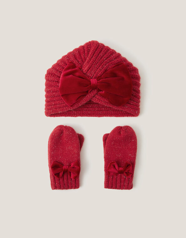 Baby Bow Knitted Hat & Mittens Set, Red (RED), large