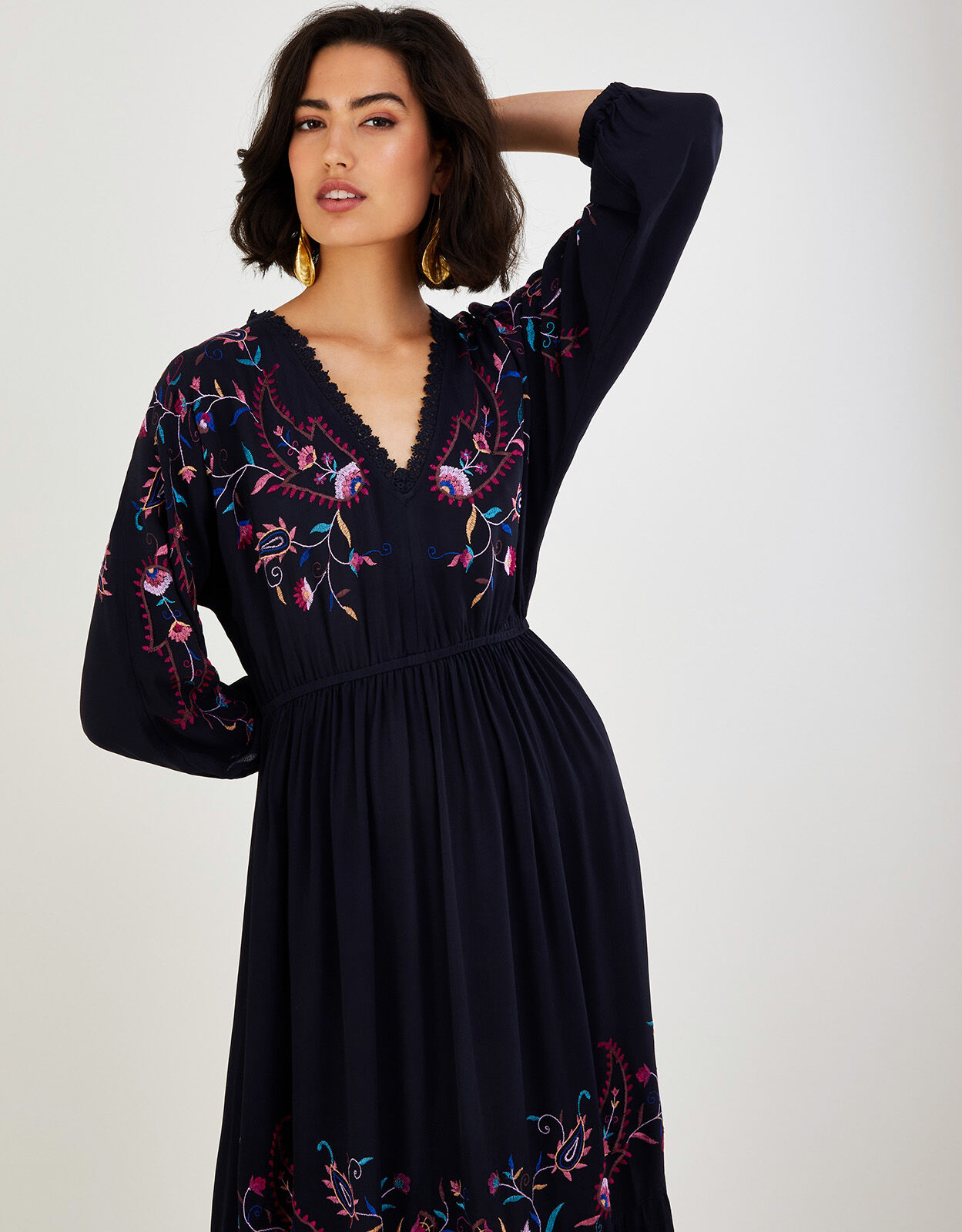 Glenn Embroidered Paisley Midi Dress Black