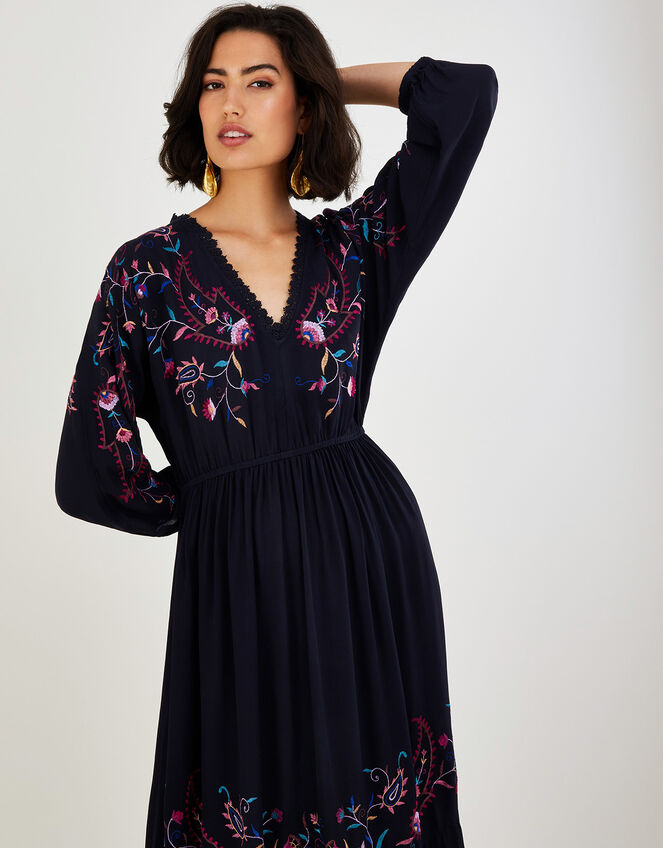 Glenn Embroidered Paisley Midi Dress, Black (BLACK), large