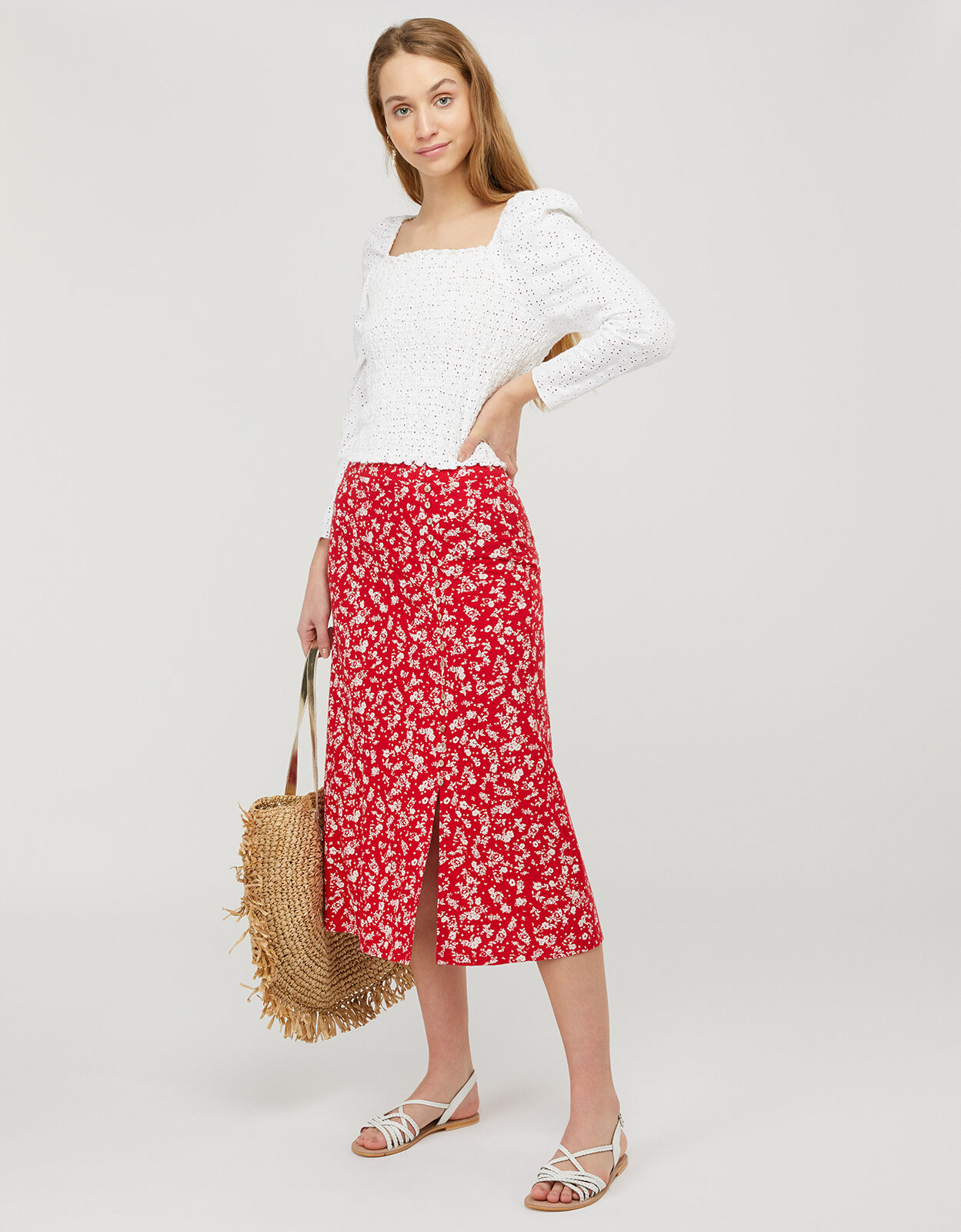 Natty Ditsy Floral Midi Skirt Red