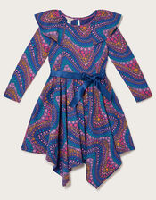 Wave Print Long Sleeve Jersey Dress, Blue (BLUE), large