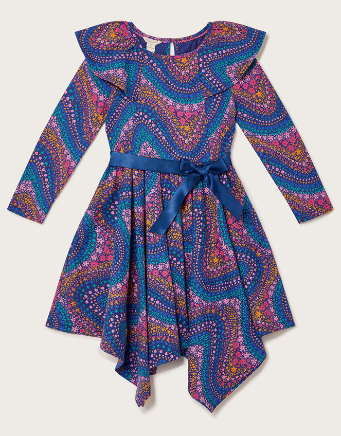 Wave Print Long Sleeve Jersey Dress, Blue (BLUE), large