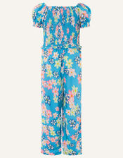Floral Shirred Jumpsuit, Blue (BLUE), large
