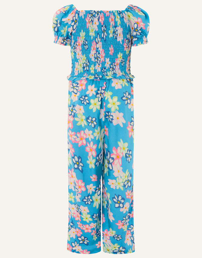 Floral Shirred Jumpsuit, Blue (BLUE), large