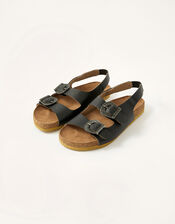 Buckle Detail Double Strap Sandals, Black (BLACK), large