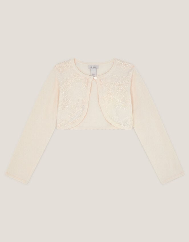 Sequin Flower Embellished Cardigan, White (WARM IVORY), large