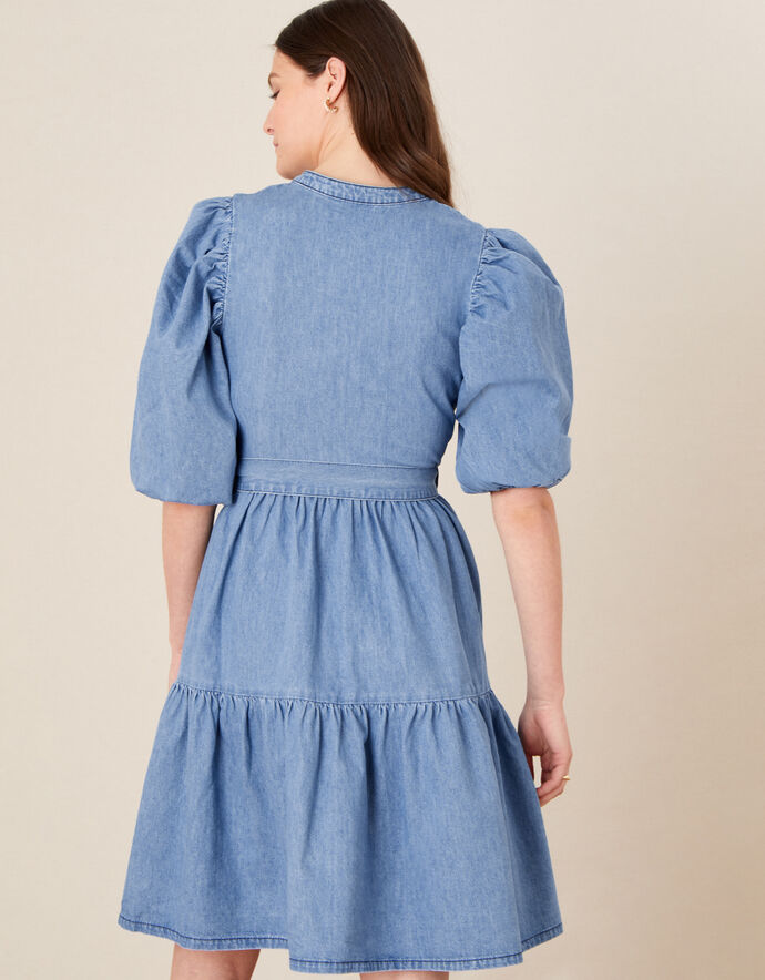 Dark blue denim puff sleeve long dress