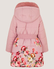 Blurred Floral Print Puffer Coat, Pink (PINK), large