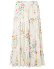 Blossom Print Tiered Midi Skirt, Ivory (IVORY), large
