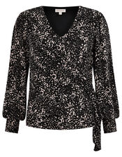 Printed Jersey Plisse Wrap Top, Black (BLACK), large