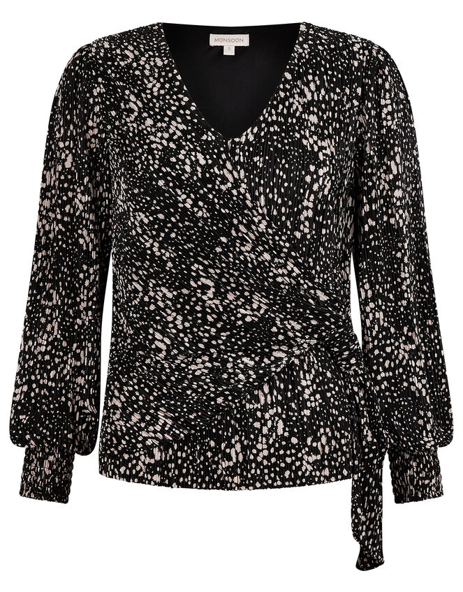 Printed Jersey Plisse Wrap Top, Black (BLACK), large