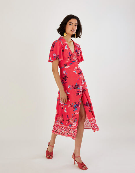 Clemence Print Wrap Button Midi Dress Red, Red (RED), large