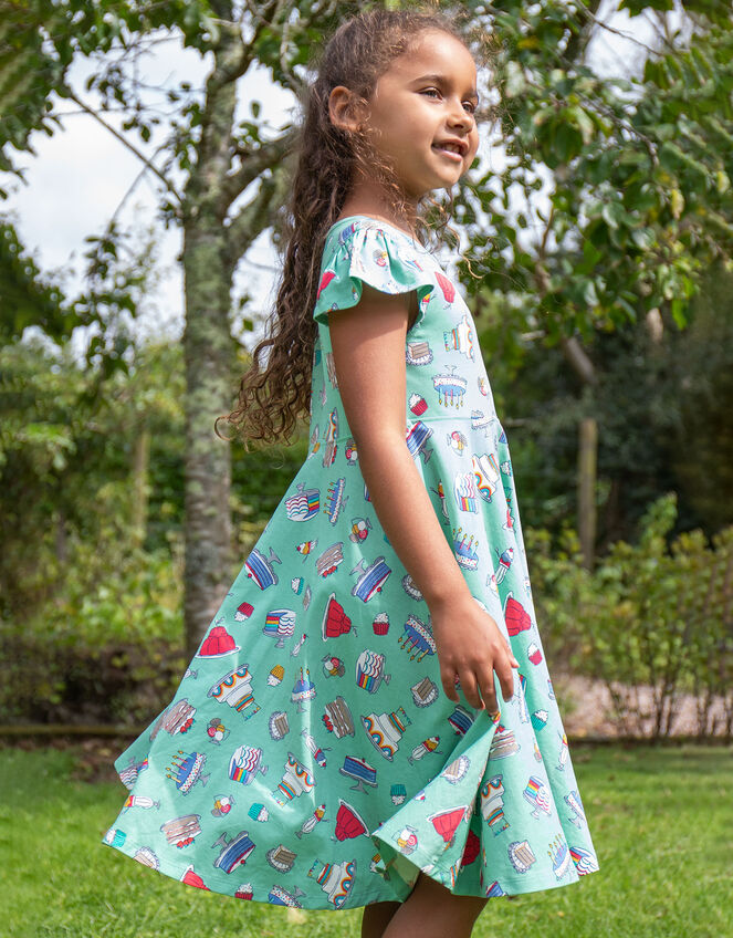 Frugi Morwenna Print Skater Dress, Green (GREEN), large