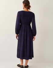 Cassie Check Long-Sleeve Midi Dress, Blue (NAVY), large