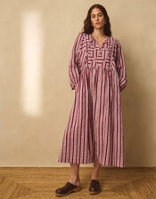 East Vika Hand-Woodblock Stripe Midi Dress, Red (BERRY), large