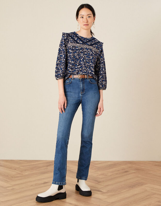 Lace Trim Printed Top, Blue (NAVY), large