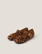 Leopard Print Strap Ballet Flats, Brown (BROWN), large