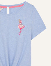 Sequin Flamingo Tie Front Top, Blue (BLUE), large