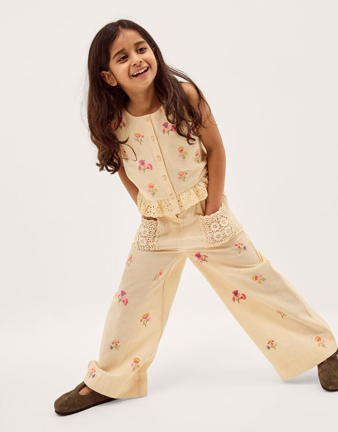 Cassia Floral Embroidered Top & Trousers Set, Cream (CREAM), large