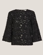 Chrissy Sheer Textured ¾ Sleeve Top, Black (BLACK), large