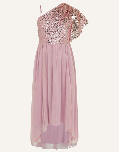 Mara Flutter Sleeve One-Shoulder Prom Dress, Pink (PALE PINK), large
