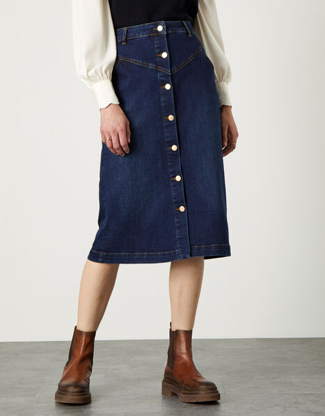 Denim Button Through Midi Skirt Blue, Blue (DENIM BLUE), large