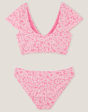 Floral Jacquard Short Sleeve Bikini Set, Pink (PINK), large