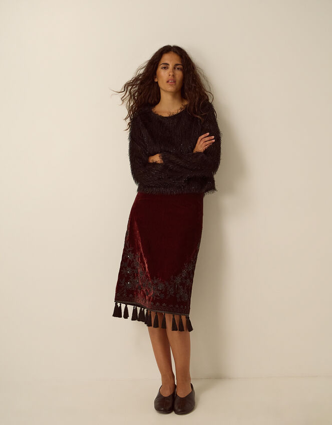 Mila Embellished Velvet Knee Length Skirt, Red (BURGUNDY), large