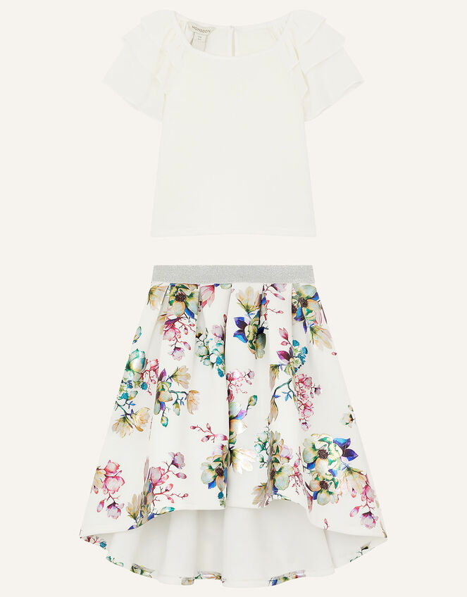 Chiffon Top and Floral Scuba Skirt Set, Ivory (IVORY), large
