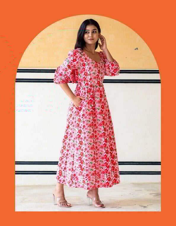 India & Mills Lottie Poppy Print Midi Dress, Pink (PINK), large