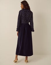Stevie V-Neck Foil Polka Dot Velvet Midi Dress, Blue (MIDNIGHT), large