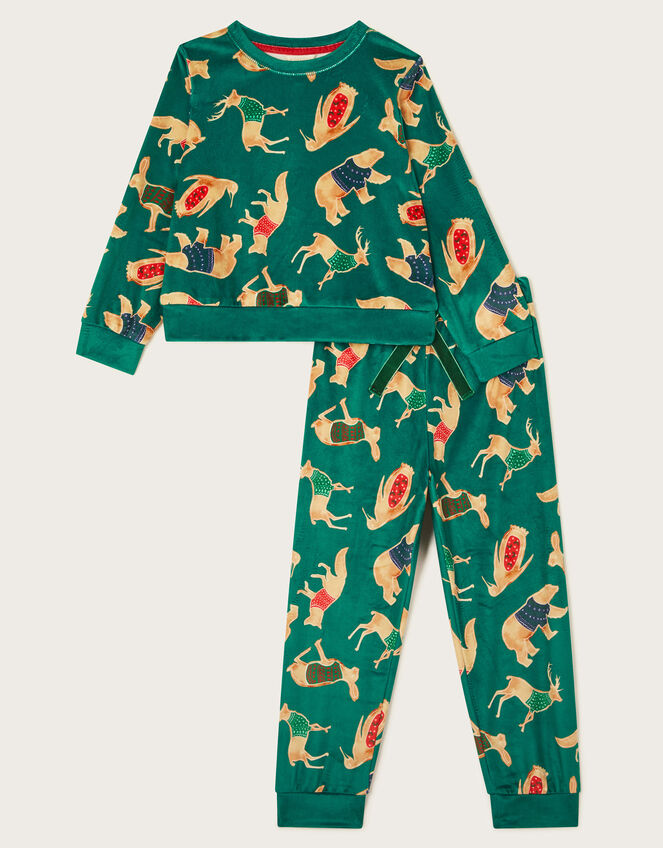Velour Festive Animal Print Long Pyjamas Set, Green (GREEN), large
