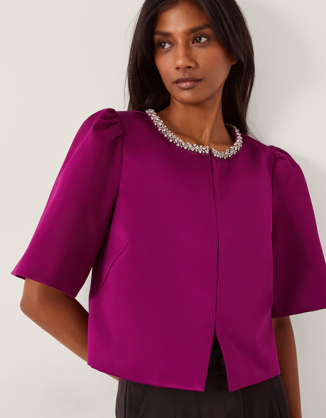 Saira Embellished Short Sleeve Satin Jacket, Pink (MAGENTA), large