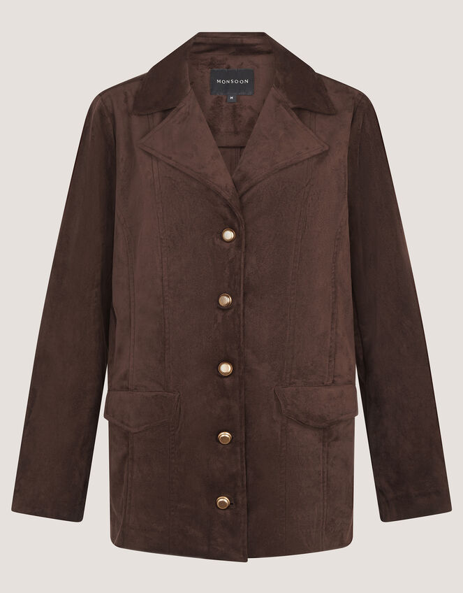 Eva Faux Suede Longline Jacket, Brown (DARK BROWN), large
