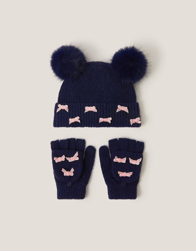 Bow Hat & Gloves Set, Blue (NAVY), large